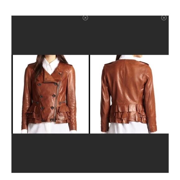 3.1 Phillip Lim Lambskin soft Leather Ruffled Cognac Zip Up Jacket silk lining 4 - Picture 1 of 16